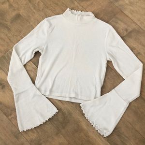 Cropped mock neck ribbed white top flared sleeves